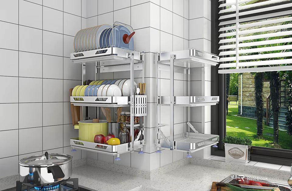 Stainless Steel Kitchen Wall Rack Organizing Dishes Utensils And Fresh Fruits 3d model 