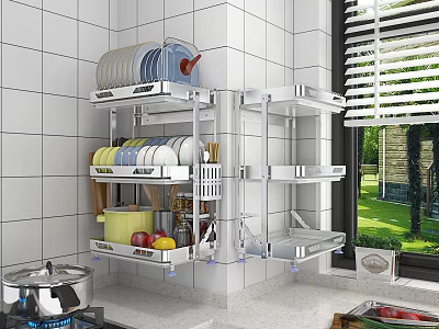 Stainless Steel Kitchen Wall Rack Organizing Dishes Utensils And Fresh Fruits 3d model