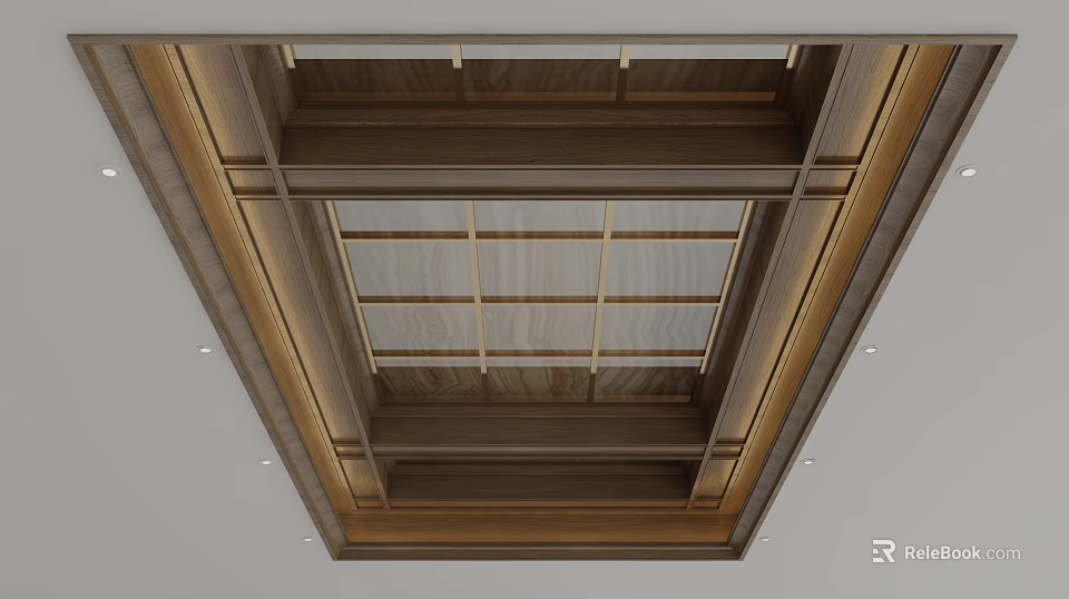 Classic Wooden Ceiling Design With Framed Grid Decorative Molding And Recessed Lighting 3d model 