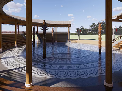 Circular Outdoor Pavilion With Wooden Pillars Patterned Floor And Open Air Design 3d model