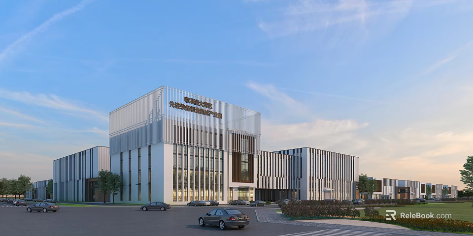 Modern Industrial Factory Exterior With Glass Curtain Wall Steel Structure Parking Area And Green Landscaping 3d model 