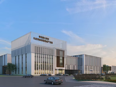 Modern Industrial Factory Exterior With Glass Curtain Wall Steel Structure Parking Area And Green Landscaping 3d model