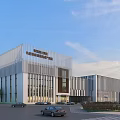 Modern Industrial Factory Exterior With Glass Curtain Wall Steel Structure Parking Area And Green Landscaping