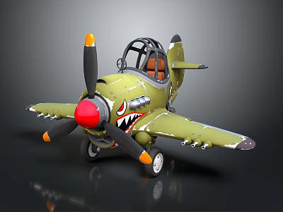 Green Airplane Model Featuring Shark Mouth Design Red Propeller Nose Black Blades And Orange Details 3d model