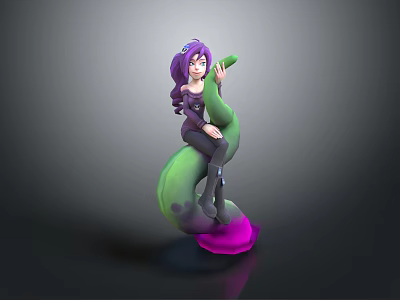 Purple Haired Female Character Sitting On Green And Pink Serpentine Creature Holding Its Head 3d model