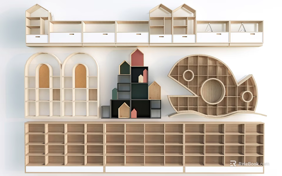 Creative Wooden Bookcase Designs Featuring House Fish Arch Shapes And Storage 3d model 