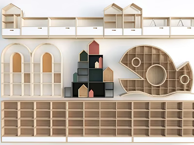 Creative Wooden Bookcase Designs Featuring House Fish Arch Shapes And Storage 3d model