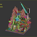 Scenic Red Rock Landscape With Waterfall Mechanical Crane And Multi Level Buildings