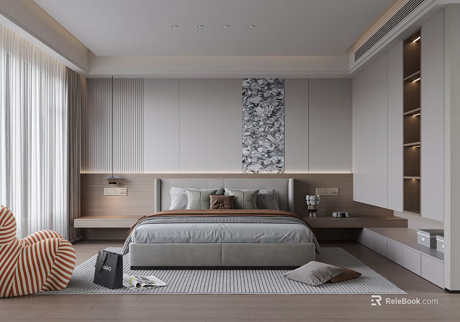 Modern Bedroom Interior With Platform Bed Wall Art And Floor To Ceiling Curtains 3d model 
