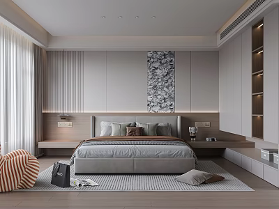 Modern Bedroom Interior With Platform Bed Wall Art And Floor To Ceiling Curtains 3d model
