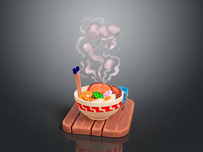 Steaming Ramen Bowl With Colorful Toppings On Wooden Tray And Chopsticks 3d model