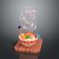 Steaming Ramen Bowl With Colorful Toppings On Wooden Tray And Chopsticks