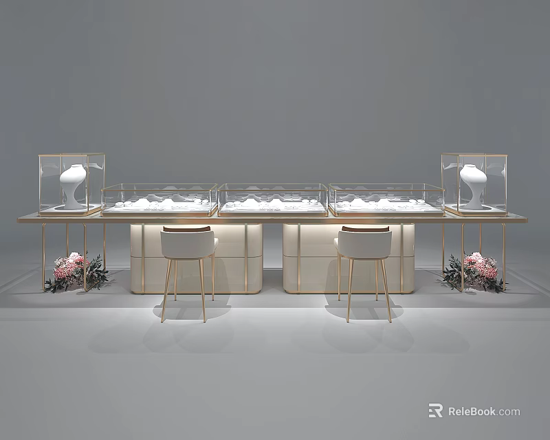 Modern Display Shelves With White Gold Glass Cases Chairs And Pink Flowers 3d model 
