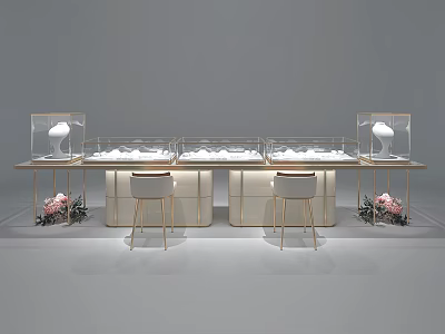 Modern Display Shelves With White Gold Glass Cases Chairs And Pink Flowers 3d model