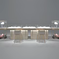 Modern Display Shelves With White Gold Glass Cases Chairs And Pink Flowers