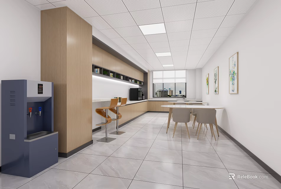 Office Pantry With Water Dispenser Wooden Cabinets Bar Stools Tables Chairs Tile Flooring And Paintings 3d model 