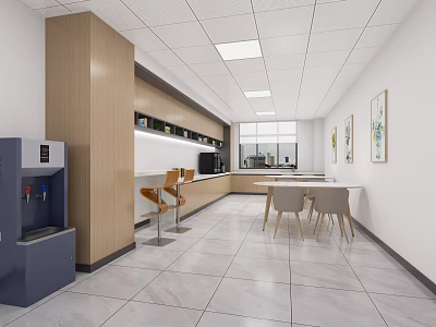 Office Pantry With Water Dispenser Wooden Cabinets Bar Stools Tables Chairs Tile Flooring And Paintings 3d model