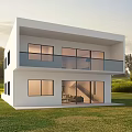 Modern Two Story Single Family House With Large Glass Windows Balcony And Green Lawn