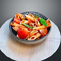 Delicious Penne Pasta with Fresh Tomatoes and Basil Leaves in Dark Bowl on Wooden Plate