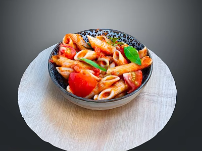 Delicious Penne Pasta with Fresh Tomatoes and Basil Leaves in Dark Bowl on Wooden Plate 3d model