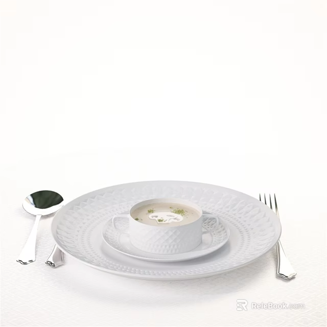 Elegant White Tableware Set with Plate Cup Saucer Spoon Fork and Soup Garnish 3d model