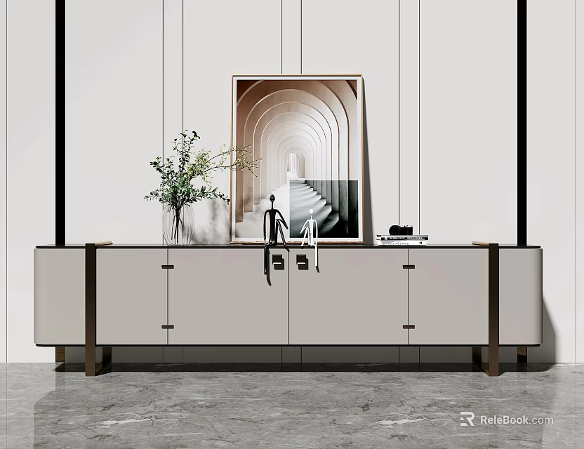 Modern White Sleek Lines Console Table Sideboard Cabinet With Artwork And Plants 3d model 