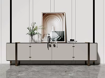 Modern White Sleek Lines Console Table Sideboard Cabinet With Artwork And Plants 3d model
