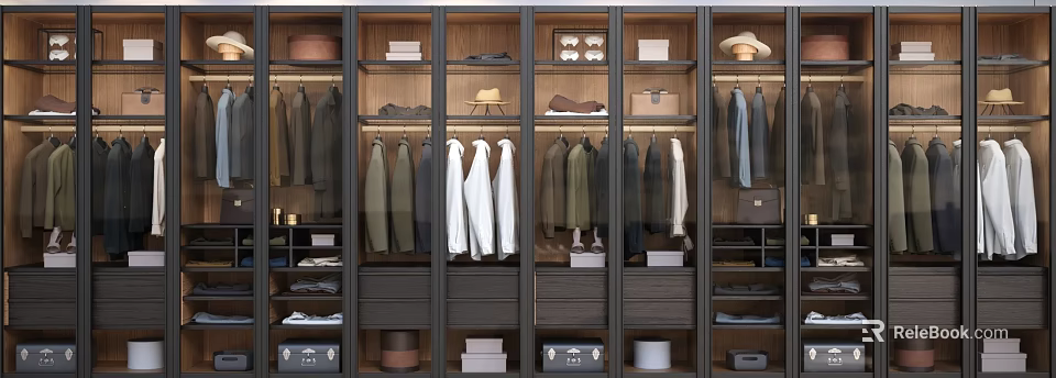 Organized Clothes in Modern Closet Featuring Hanging Garments Storage Cabinets Hats and Boxes 3d model 