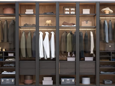 Organized Clothes in Modern Closet Featuring Hanging Garments Storage Cabinets Hats and Boxes 3d model