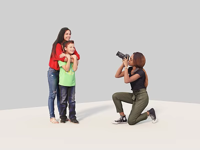 Photographer woman taking photo of mother and child against white background 3d model