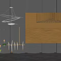 Modern Chandelier Hanging Over Gray Walls With Wooden Slatted Panels And Decorative Plants