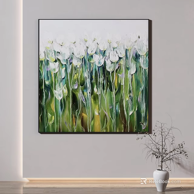 Abstract Flower Painting With White Blooms And Green Stems Hanging On Light Wall 3d model 