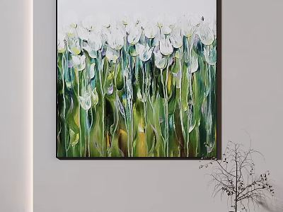 Abstract Flower Painting With White Blooms And Green Stems Hanging On Light Wall 3d model