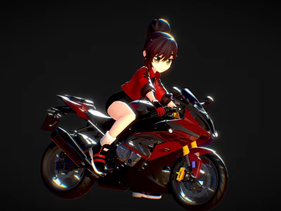 Anime Girl With Bun Hairstyle Riding Shiny Red Motorcycle In Red Top Black Shorts 3d model