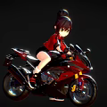 Anime Girl With Bun Hairstyle Riding Shiny Red Motorcycle In Red Top Black Shorts