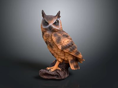 Realistic Handcrafted Owl Sculpture with Detailed Feather Patterns Standing on Wooden Base 3d model