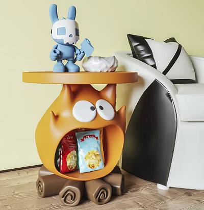 Orange Side Table With Cartoon Eye Design Blue Robot Figure And Snack Packs By Sofa 3d model
