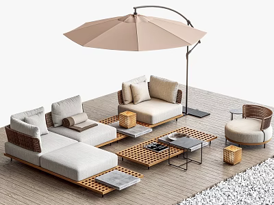 Elegant Rattan Outdoor Sofa with Parasol Coffee Table and Cushions on Wooden Floor 3d model