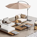Elegant Rattan Outdoor Sofa with Parasol Coffee Table and Cushions on Wooden Floor
