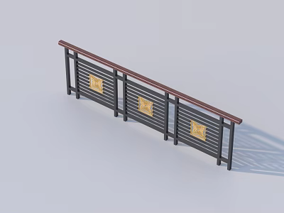 Modern Railing Design With Black Frame Brown Handrail And Golden Decorative Panels 3d model