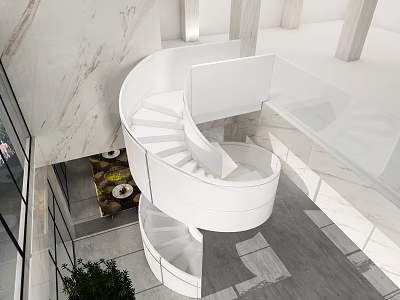 Contemporary Spiral Staircase Design With White Structure Marble Walls Open Space And Green Plant 3d model