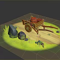 Wooden Cart With Barrel On Grass Path Surrounded By Stones