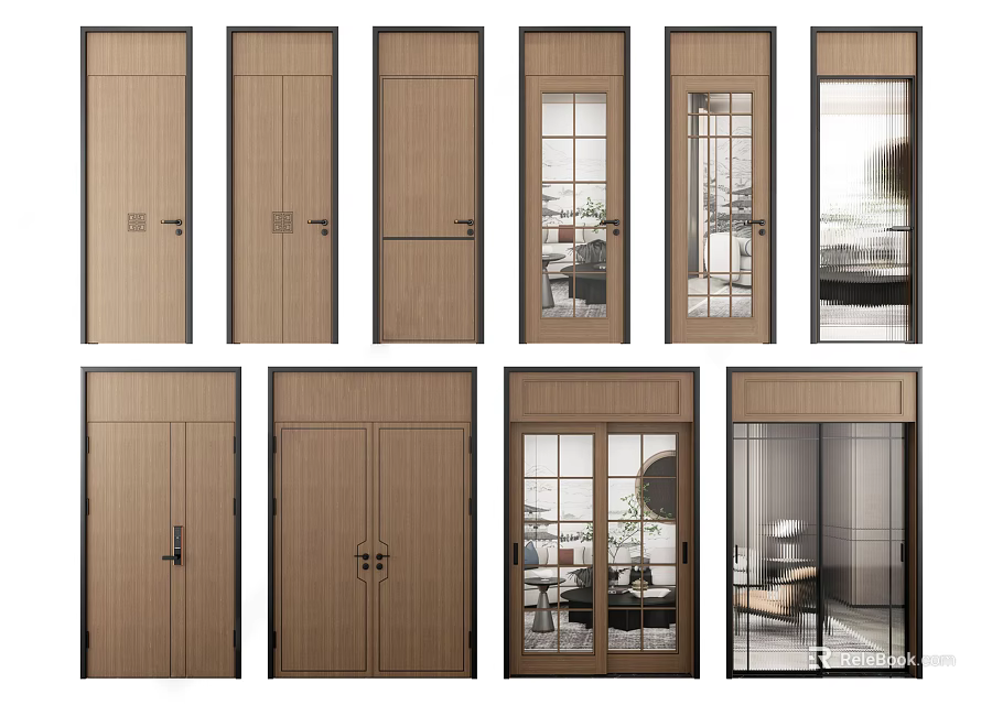 Modern Wooden Hinged Doors With Glass Panels And Interior Design Frames For Various Home Styles 3d model 