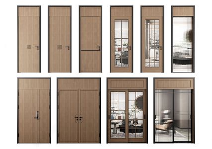 New Chinese style swing door set door single door double door sliding door combination glass door sliding door 3d model