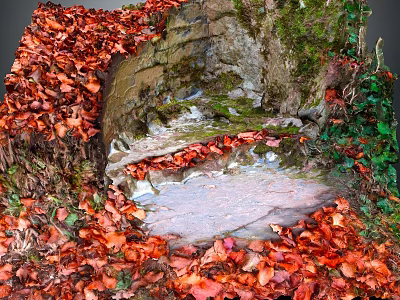 Cartoon Scene With Red Autumn Leaves Covered Ground Rock Moss And Green Plants 3d model