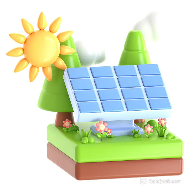 Smart Blue Solar Panels In Green Setting With Sun Trees Grass And Flowers 3d model 