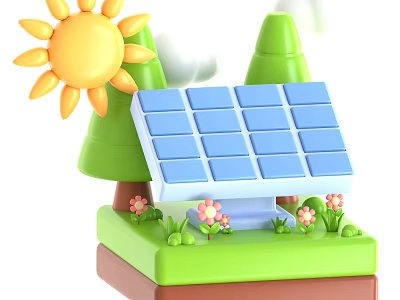 Smart Blue Solar Panels In Green Setting With Sun Trees Grass And Flowers 3d model