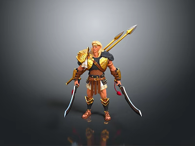 Ancient Warrior Man In Golden Armor Holding Spear And Two Swords Standing On Grey Background 3d model