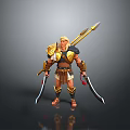 Ancient Warrior Man In Golden Armor Holding Spear And Two Swords Standing On Grey Background