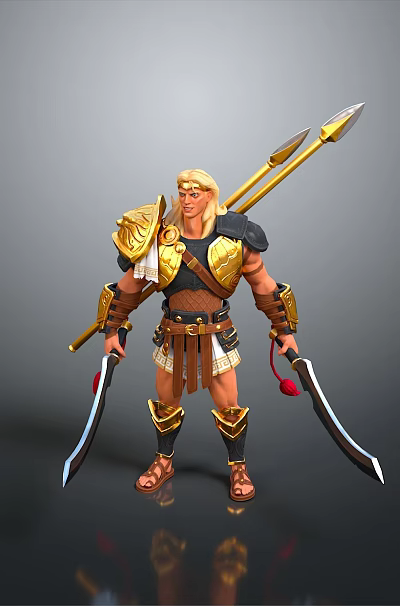Ancient Warrior Man In Golden Armor Holding Spear And Two Swords Standing On Grey Background 3d model